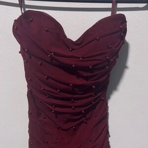 Windsor Strapless Burgundy Dress with Bead Accents